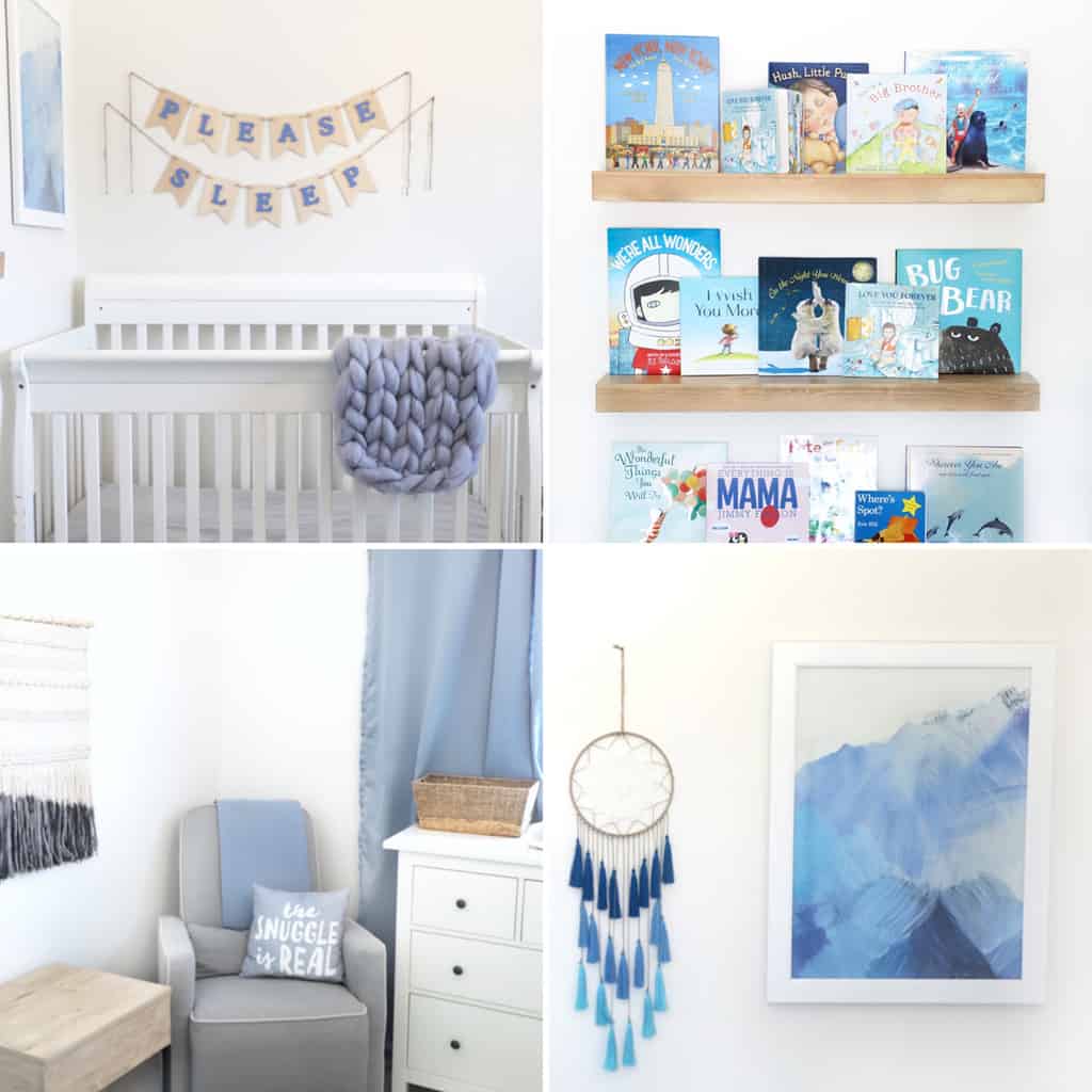 four image collage of a blue themed nursery