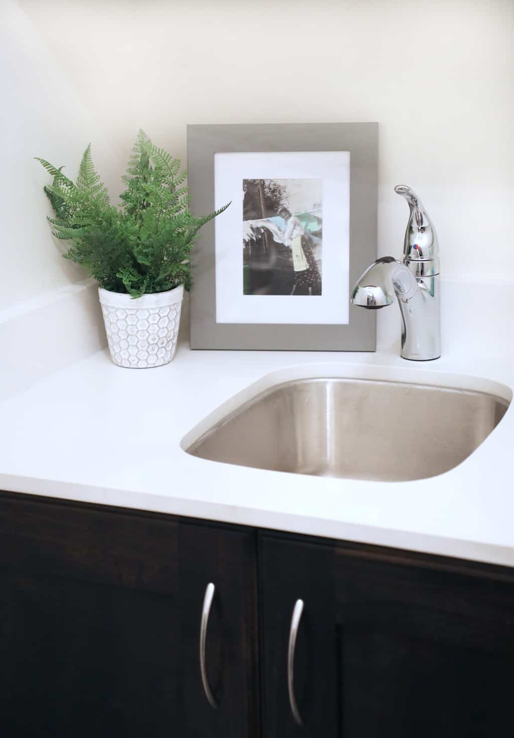 small corner sink in laundry room next to plant and picture frame