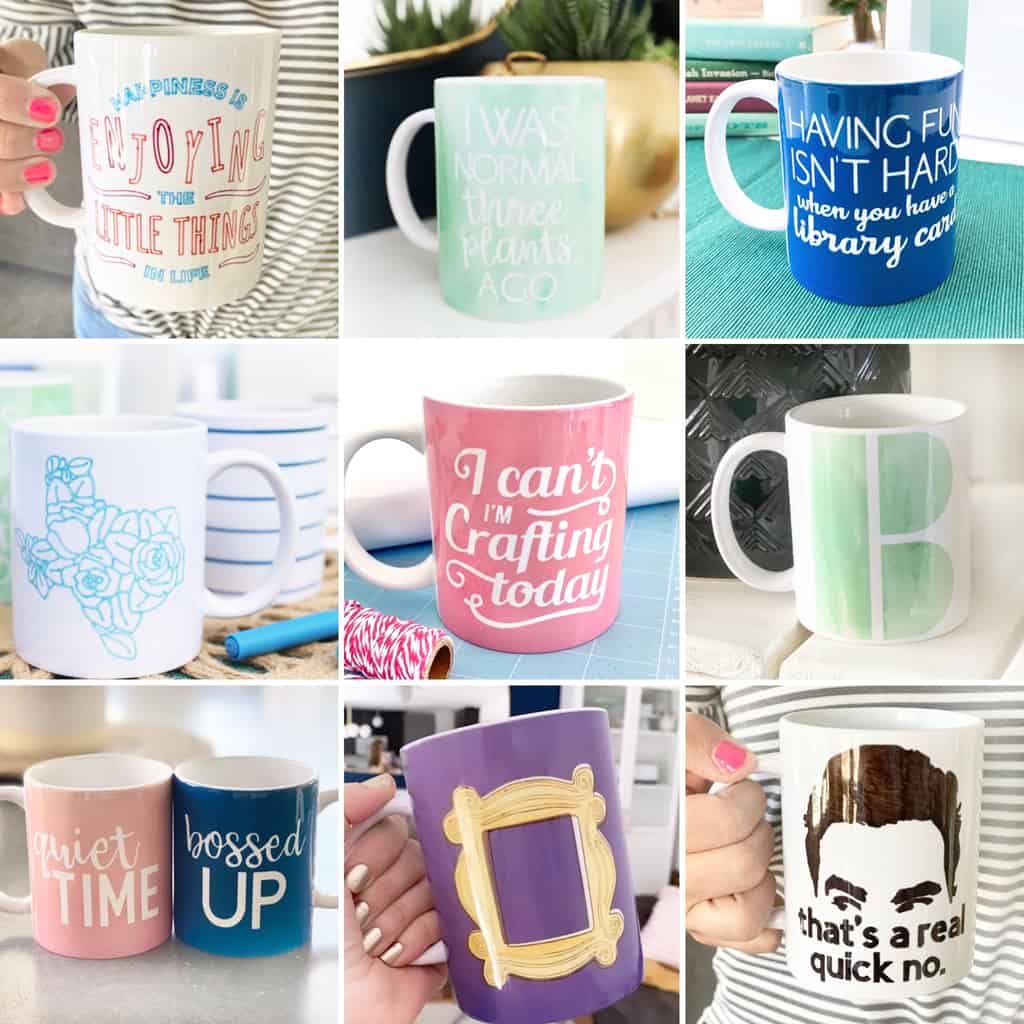 collage image of mugs made using the new Cricut Mug press