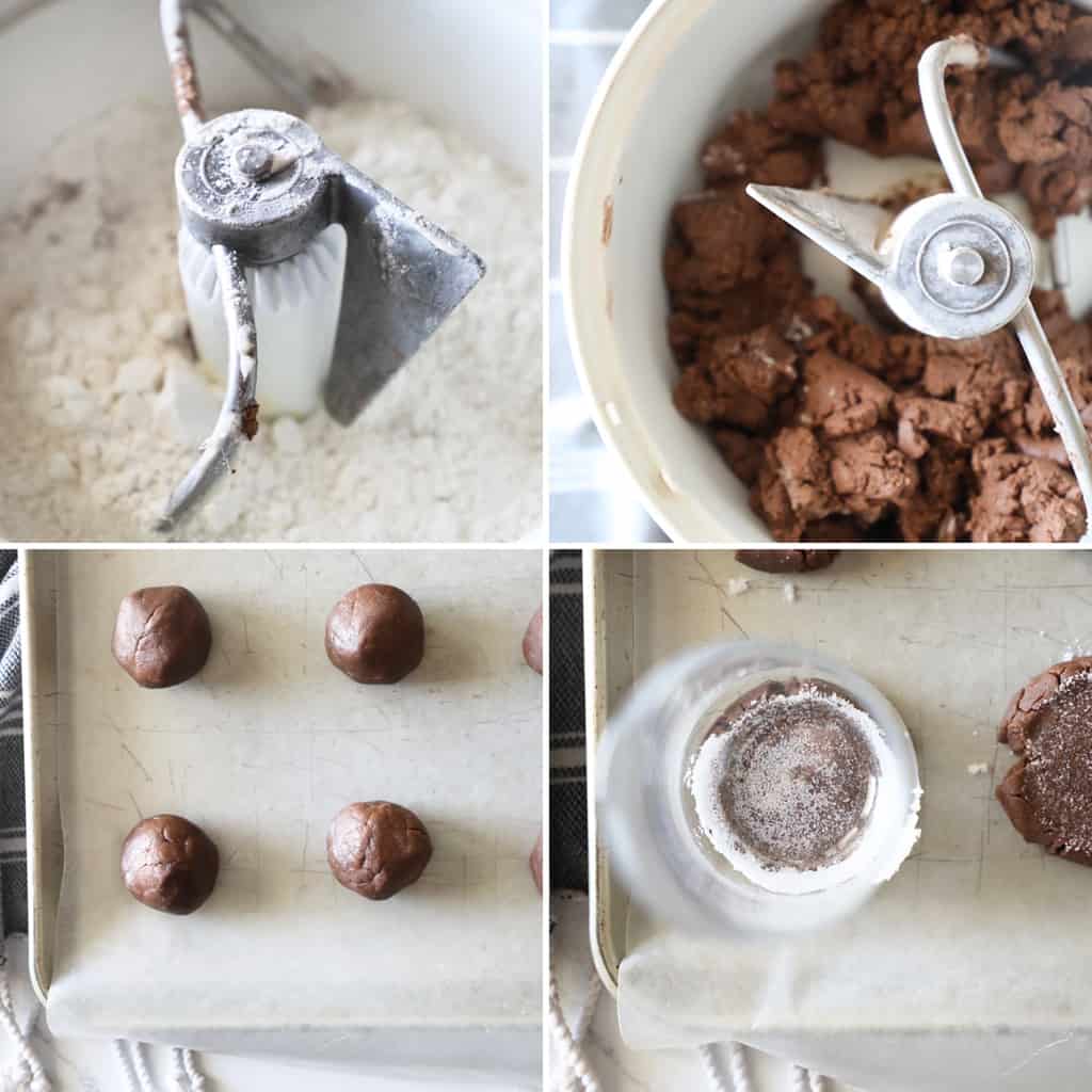 steps of making chocolate sugar cookies in collage image
