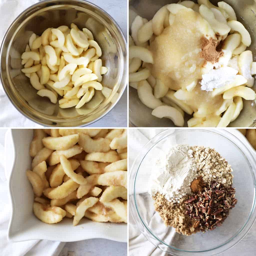 how to make apple crisp steps in four image collage