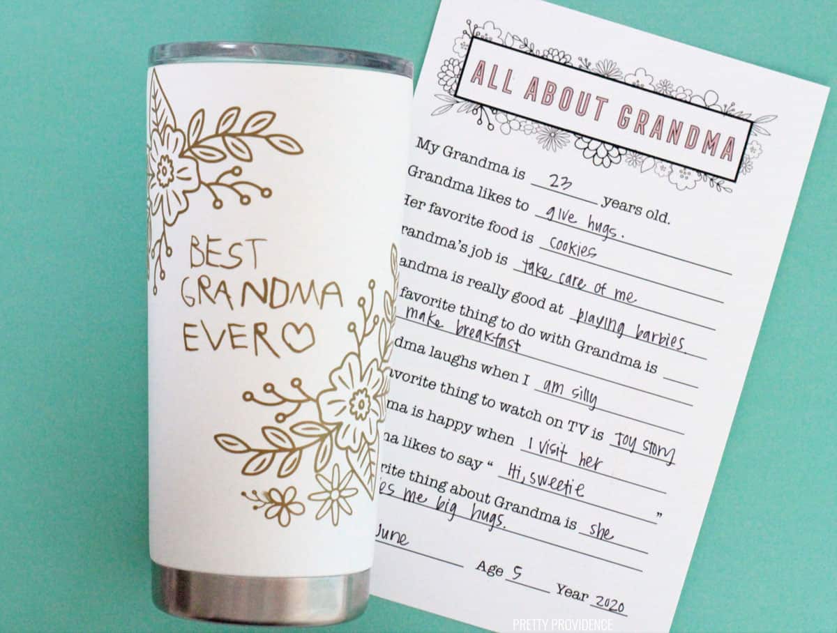 Personalized Grandma tumbler and questionnaire for Mother's Day