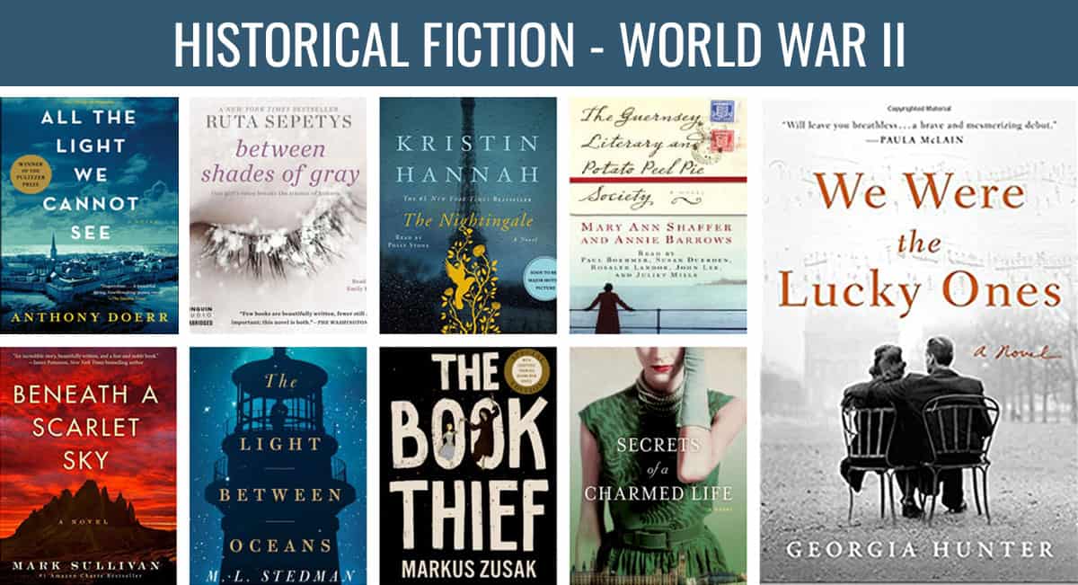 Historical fiction books collage, world war II 