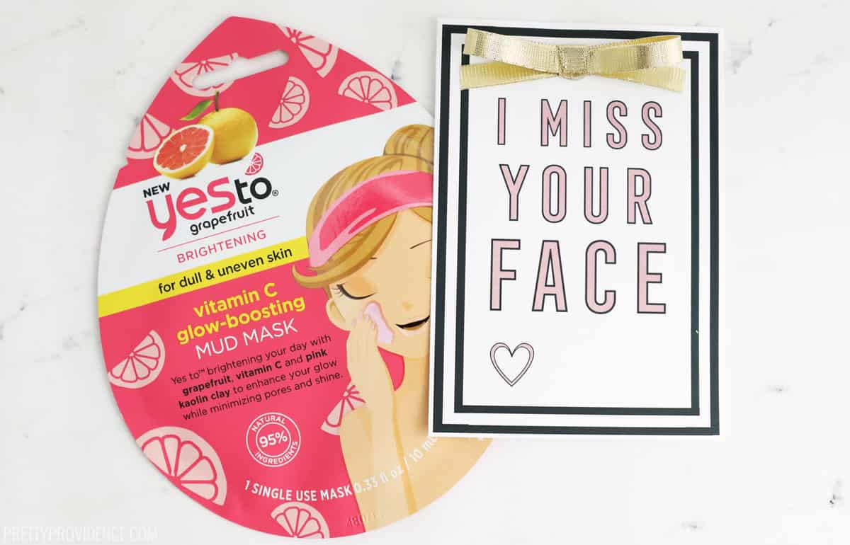 Face mask with 'I Miss Your Face' gift tag