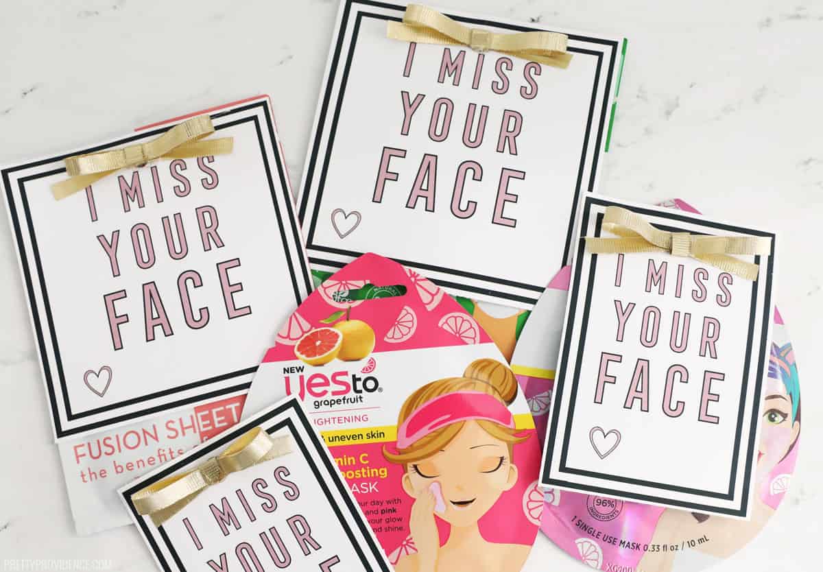 Face masks with 'I Miss Your Face' gift tags