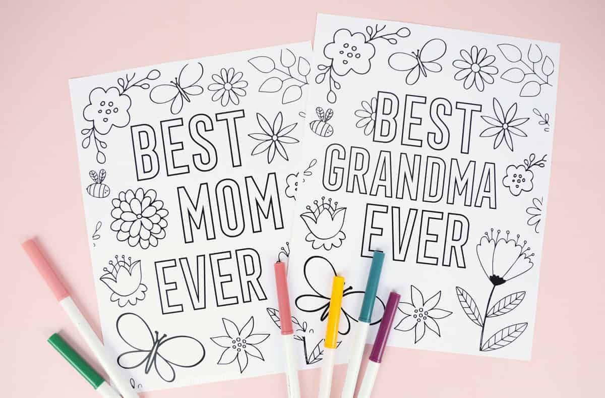 floral Mother's Day coloring pages for mom and grandma 'Best Mom Ever' and 'Best Grandma Ever'