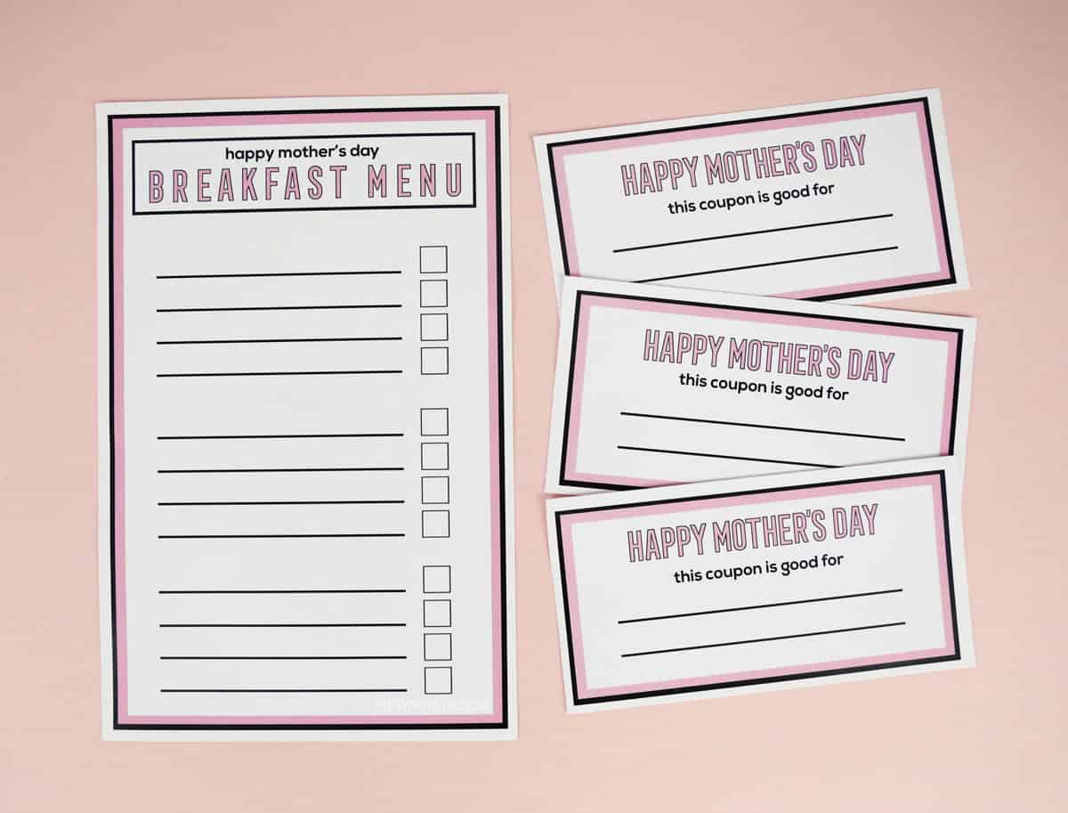 three Mother's Day coupons and a fill-in-the-blank breakfast menu for Mother's Day