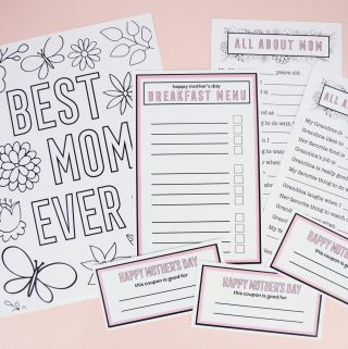 Mother's Day Printables - a floral coloring page, coupons, breakfast menu and questionnaire for kids