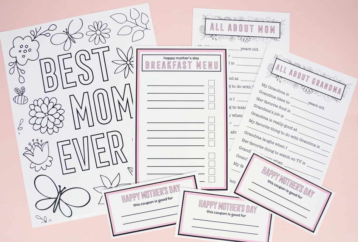 Mother's Day printables, a coloring page, breakfast menu, coupons and questionnaire