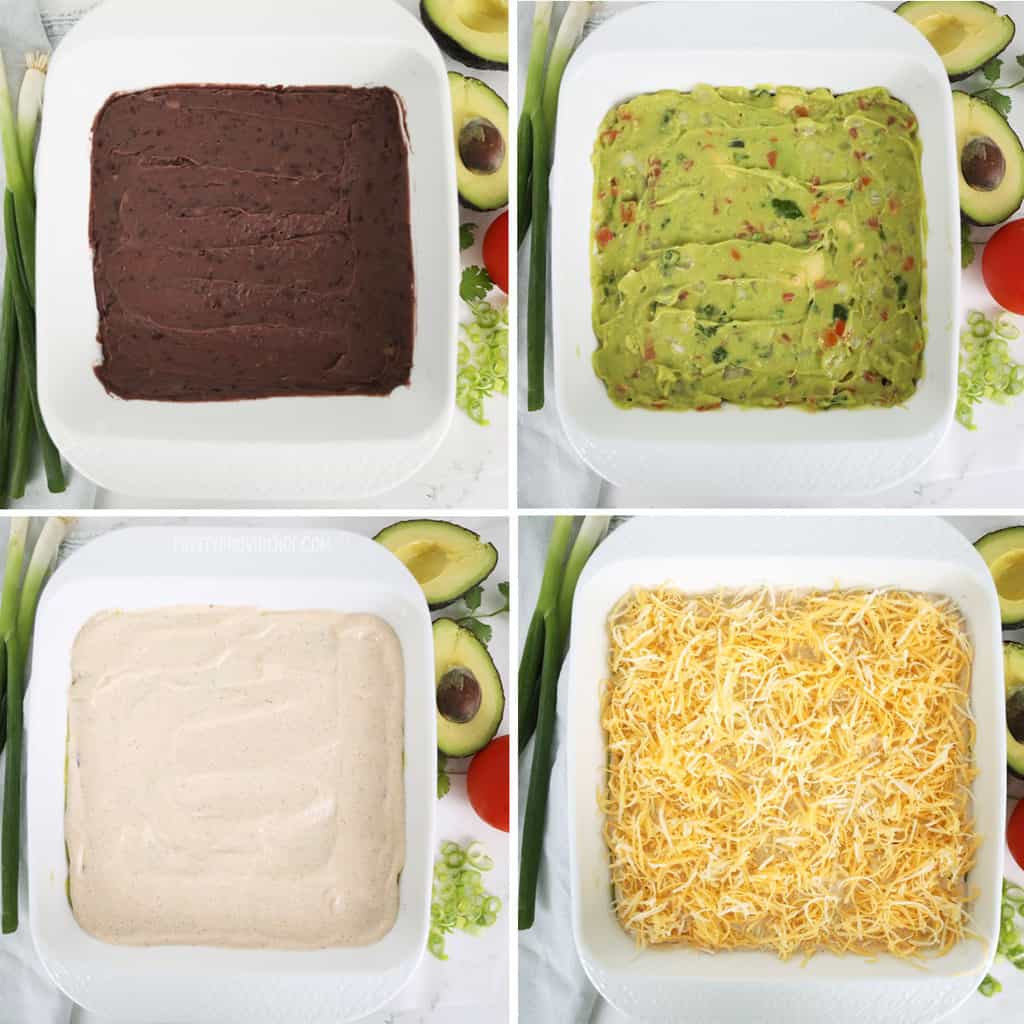 Seven Layer Bean Dip step by step collage