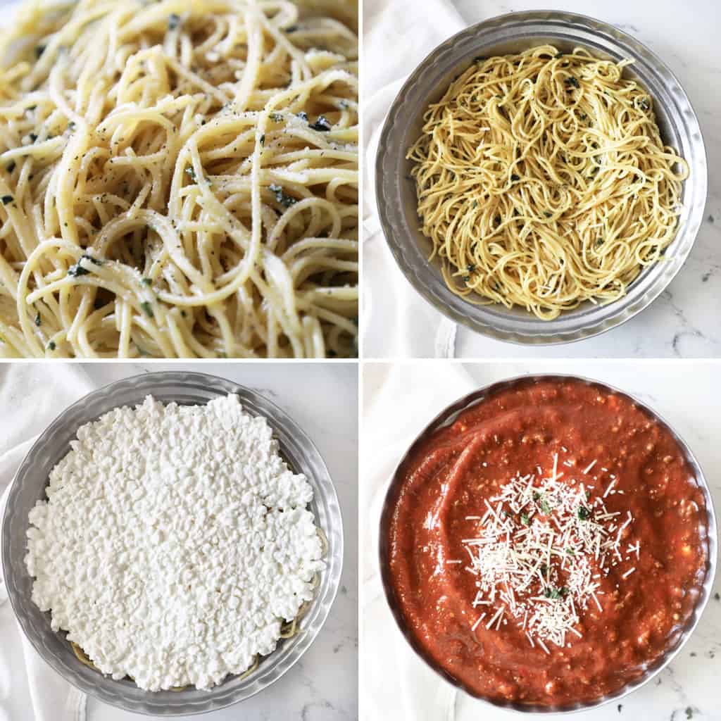 part 2 collage of steps for making baked spaghetti pie