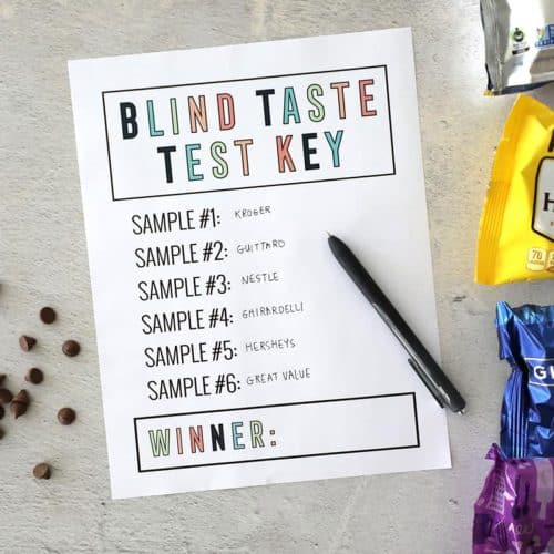 Blind taste test printable worksheet with chocolate chips and a pen