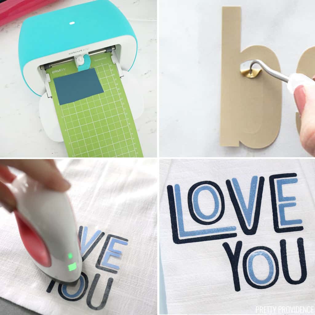 collage of the Cricut joy cutting iron-on vinyl, weeding vinyl and using Easypress mini to apply heat