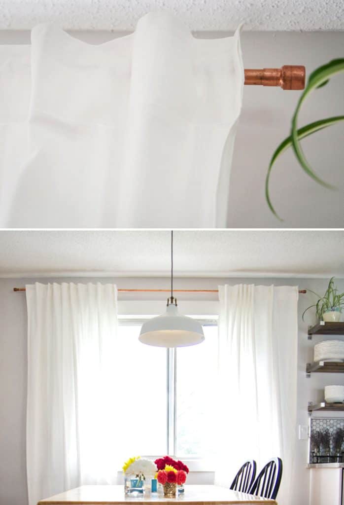 DIY Copper Curtain Rods with white curtains in a kitchen