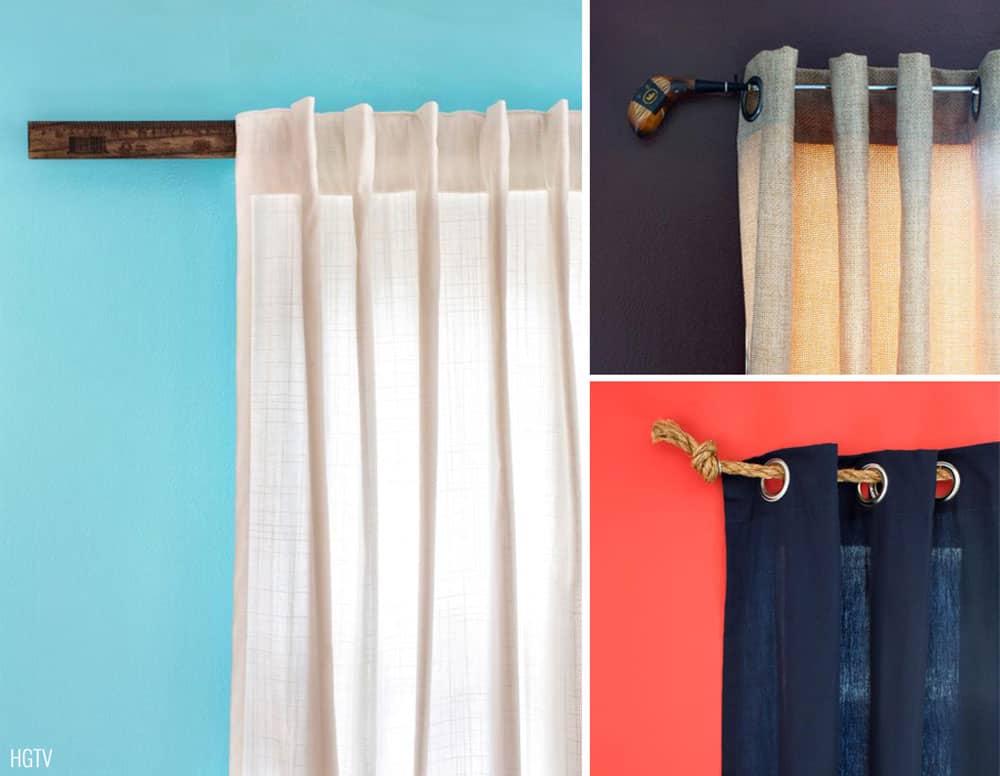 Collage of repurposed items used as curtain rods: yard stick, rope and a golf club