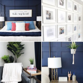 collage image of snapshots of master bedroom decor