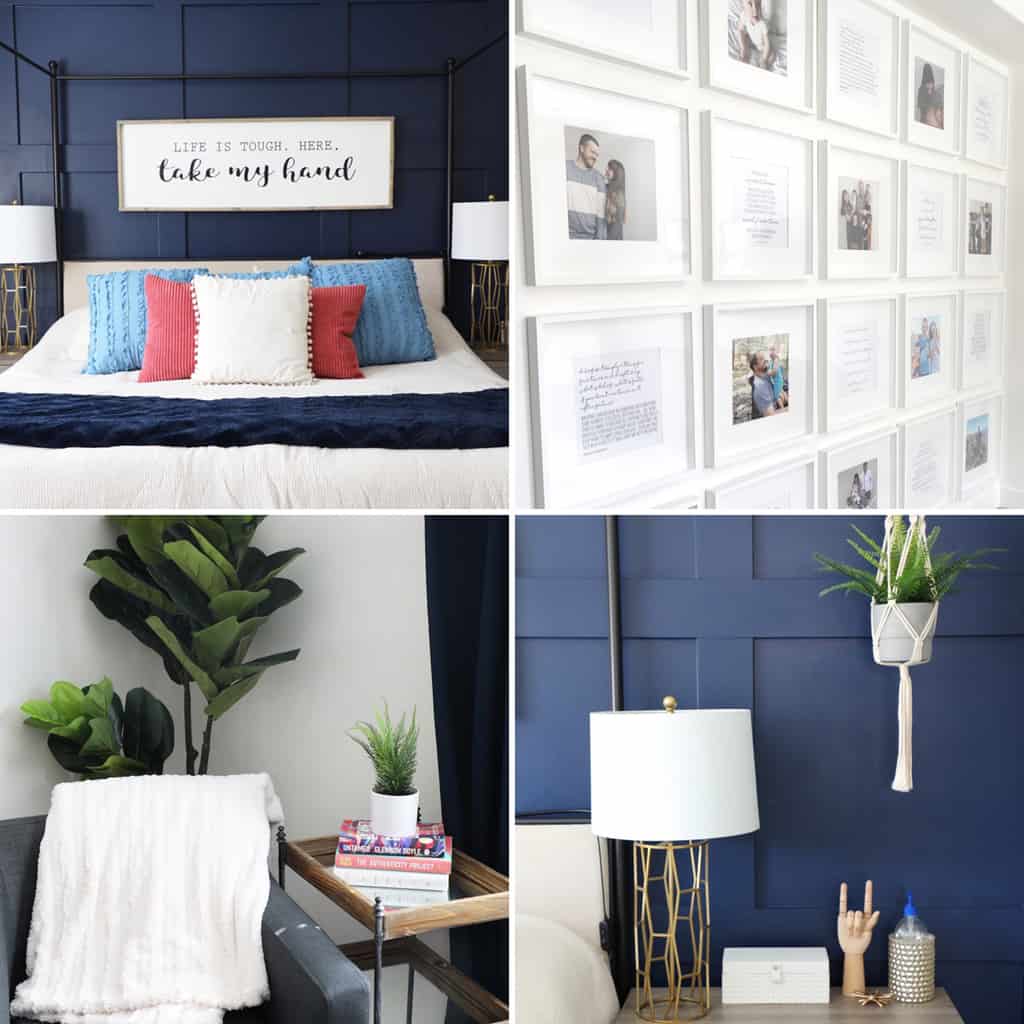 collage image of snapshots of master bedroom decor