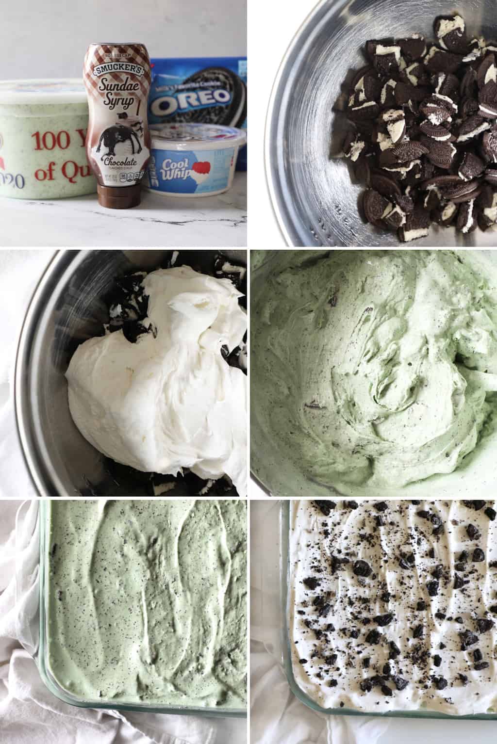 step by step photos in collage for how to make an ice cream cake