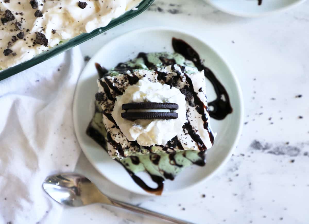 birds eye view of ice cream cake on a white plate