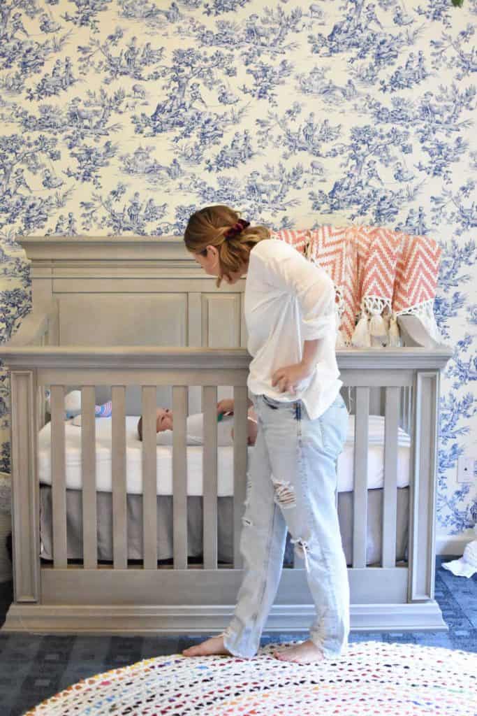 Nursery wallpaper made from fabric with ablue toile print