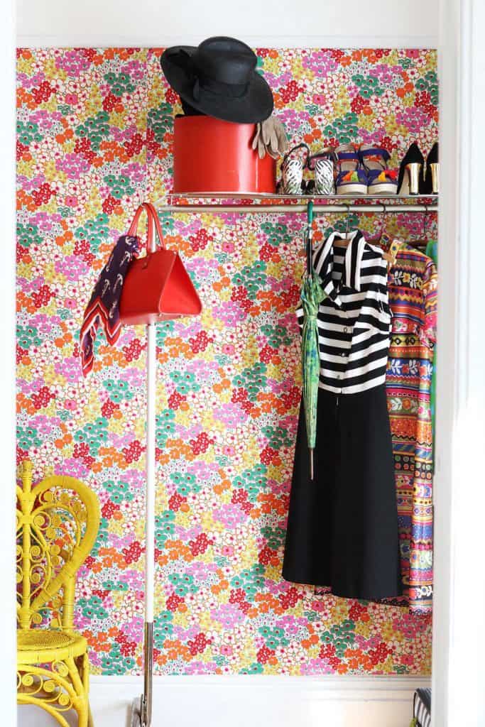 Removable fabric wallpaper in a closet