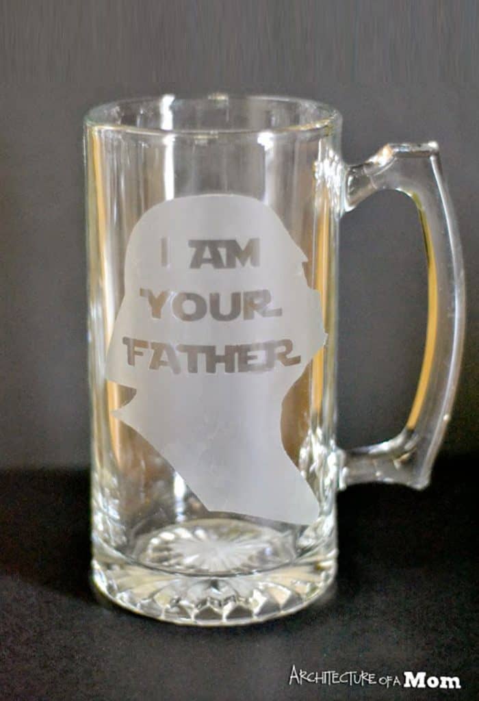 Etched glass mug with Darth Vader silhouette that says 'I am your Father'