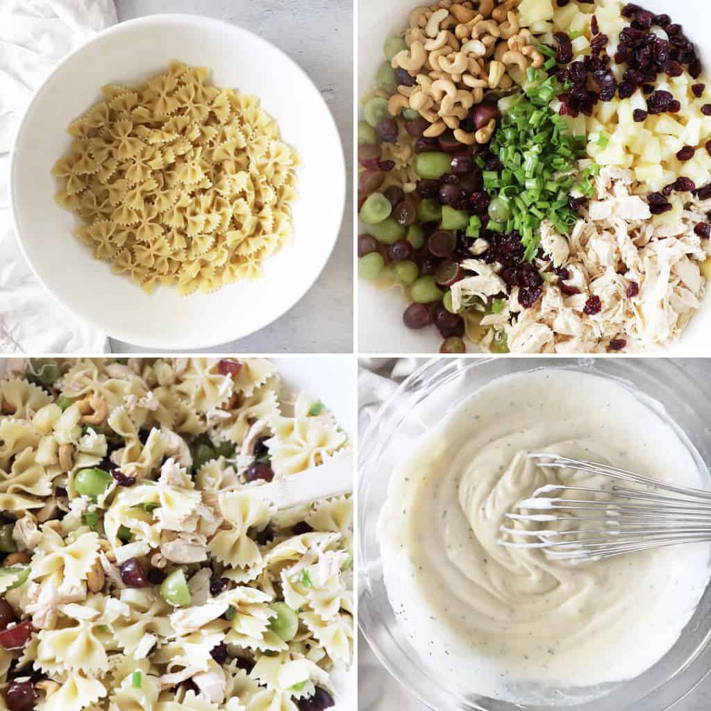 the steps for how to make a ranch pasta salad in a collage image