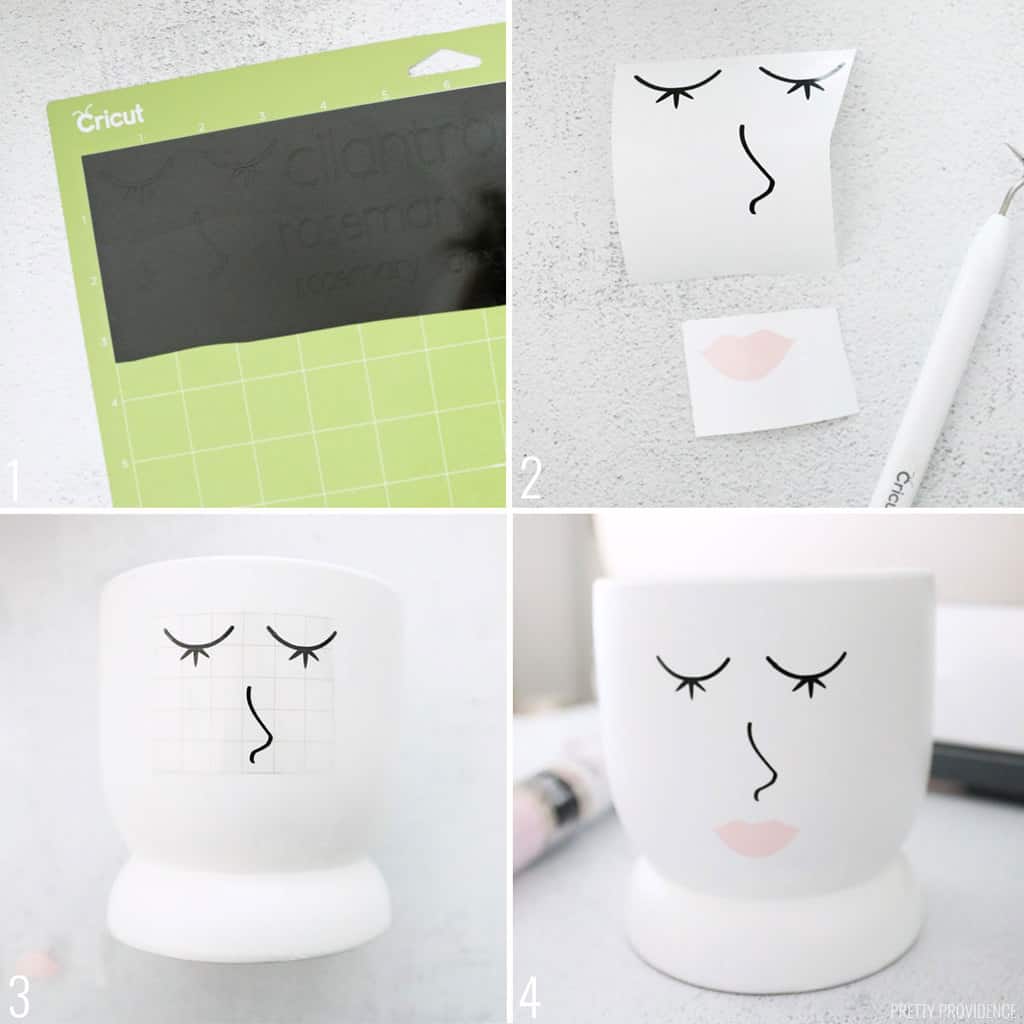 how to make a coquette face planter or vase with cricut vinyl - collage of steps