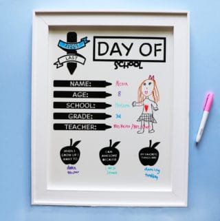 cute first/last day of school whiteboard on a light blue background