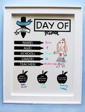 cute first/last day of school whiteboard on a light blue background