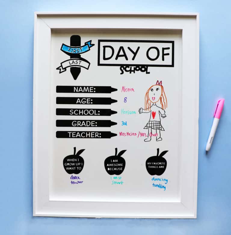 cute first/last day of school whiteboard on a light blue background