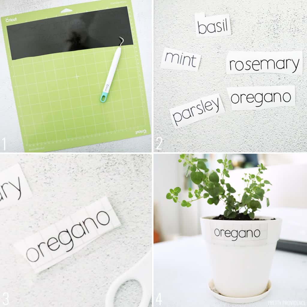 collage of steps to add vinyl labels to herbs in pots