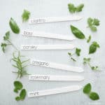 white painted herb markers on concrete with herb leaves around them