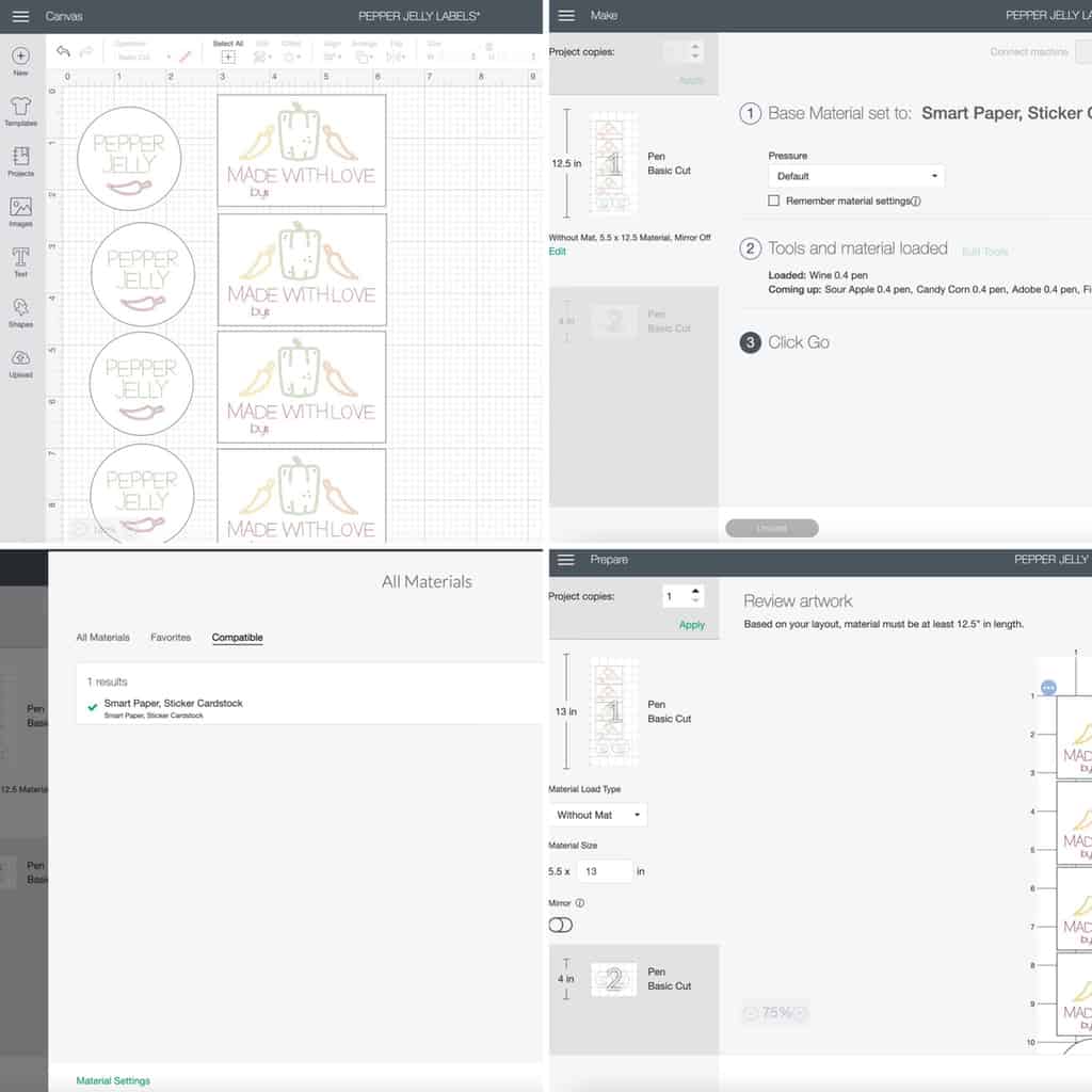 collage of steps for making jar labels in Cricut design space