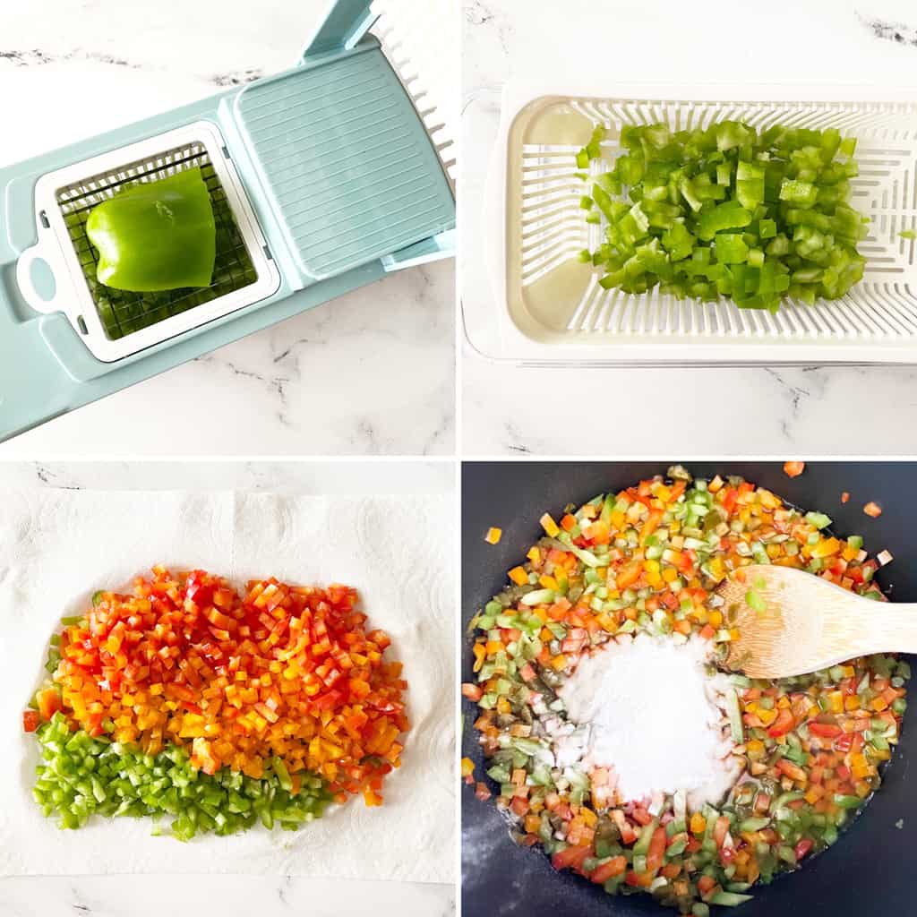 four photos in a collage showing how to prep for hot pepper jelly