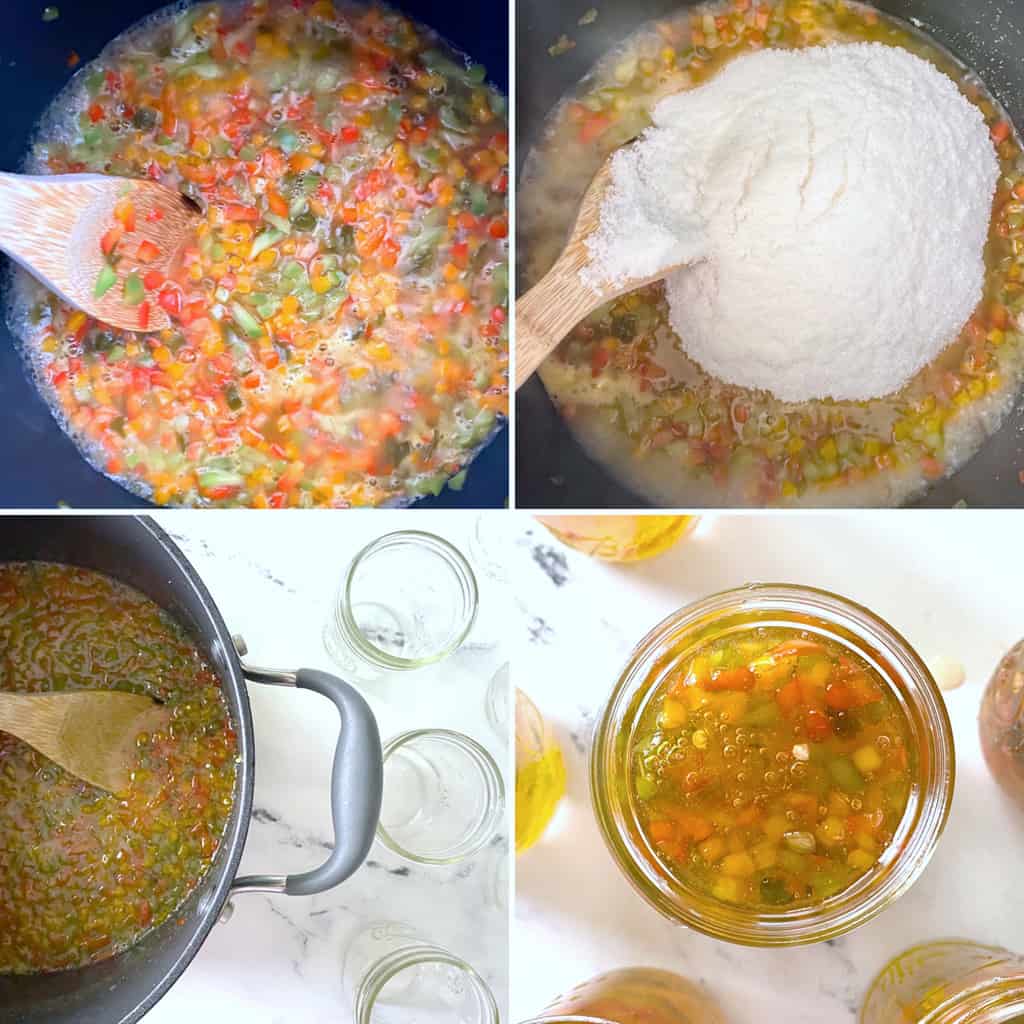 four photos showing steps of cooking pepper jelly on the stove