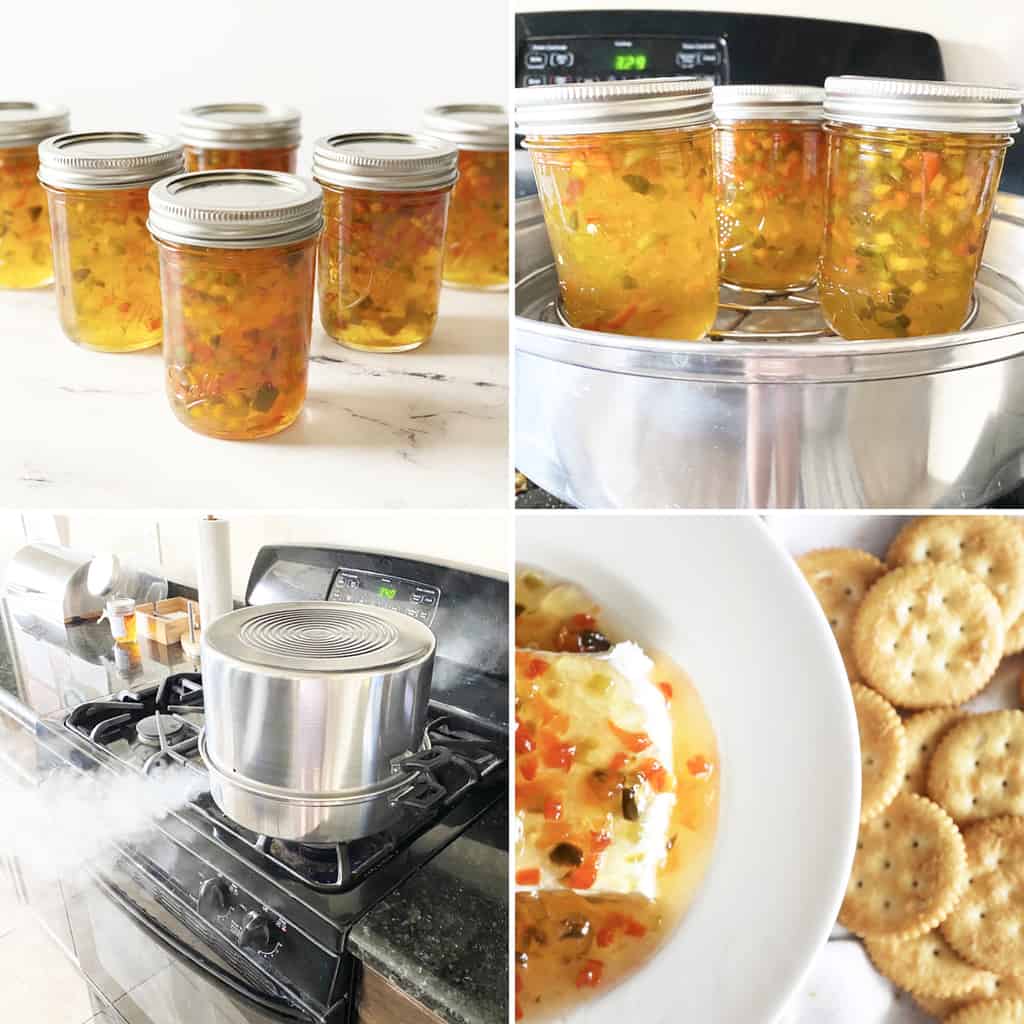 four photos showing the steps for canning pepper jelly