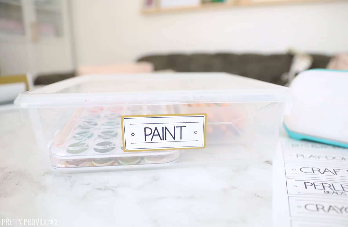 Clear organizing box with a white label on it that says 'paint'