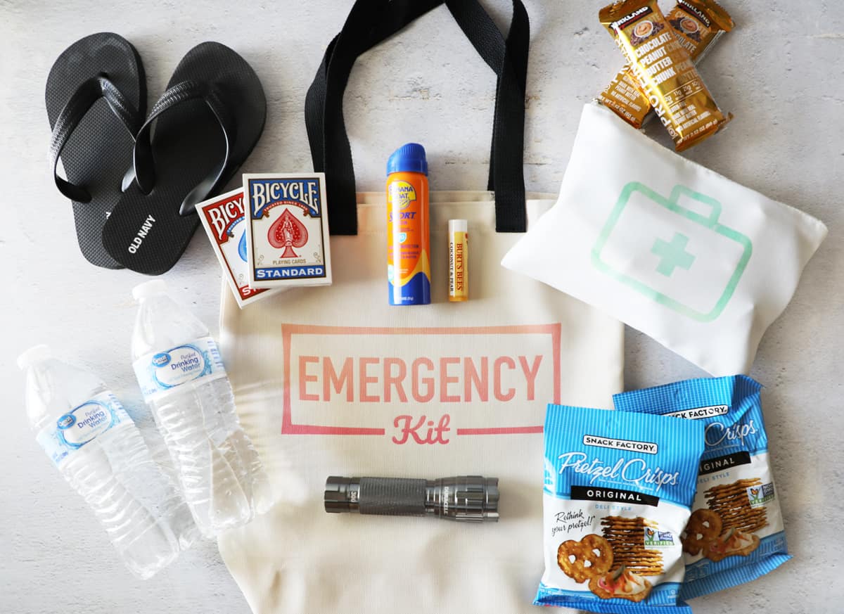 various items that would go in a emergency kit laid out on a bag