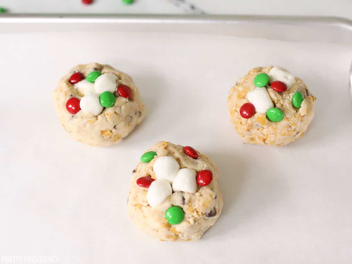 Cookie dough with marshmallows and green, red m&ms