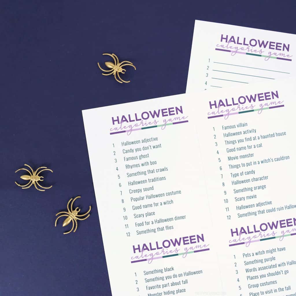 Halloween scattergories lists with a purple marker on navy blue background with gold spiders