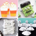 Collage of Halloween treats, candy corn jello, frankenstein rice krispie treat, mummy brownie and ghost lollipops