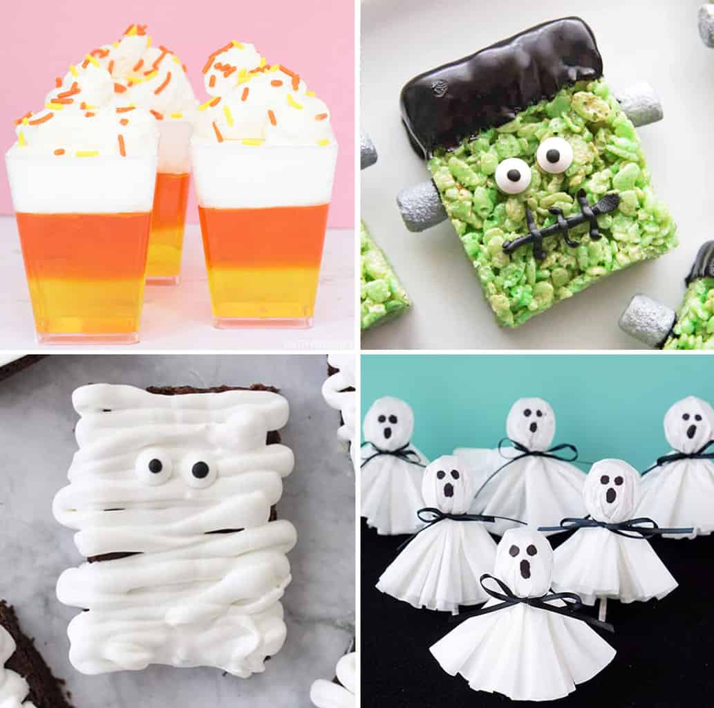 Collage of Halloween treats, candy corn jello, frankenstein rice krispie treat, mummy brownie and ghost lollipops 