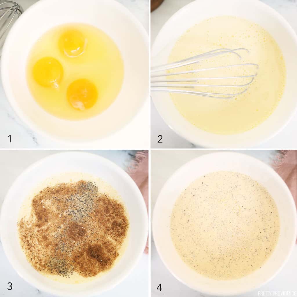 collage of steps to mix eggs with cream and spices for a quiche