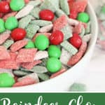 Reindeer chow: red, green, pink and white muddy buddies (Chex cereal treats) in a white bowl with green and red m&m's