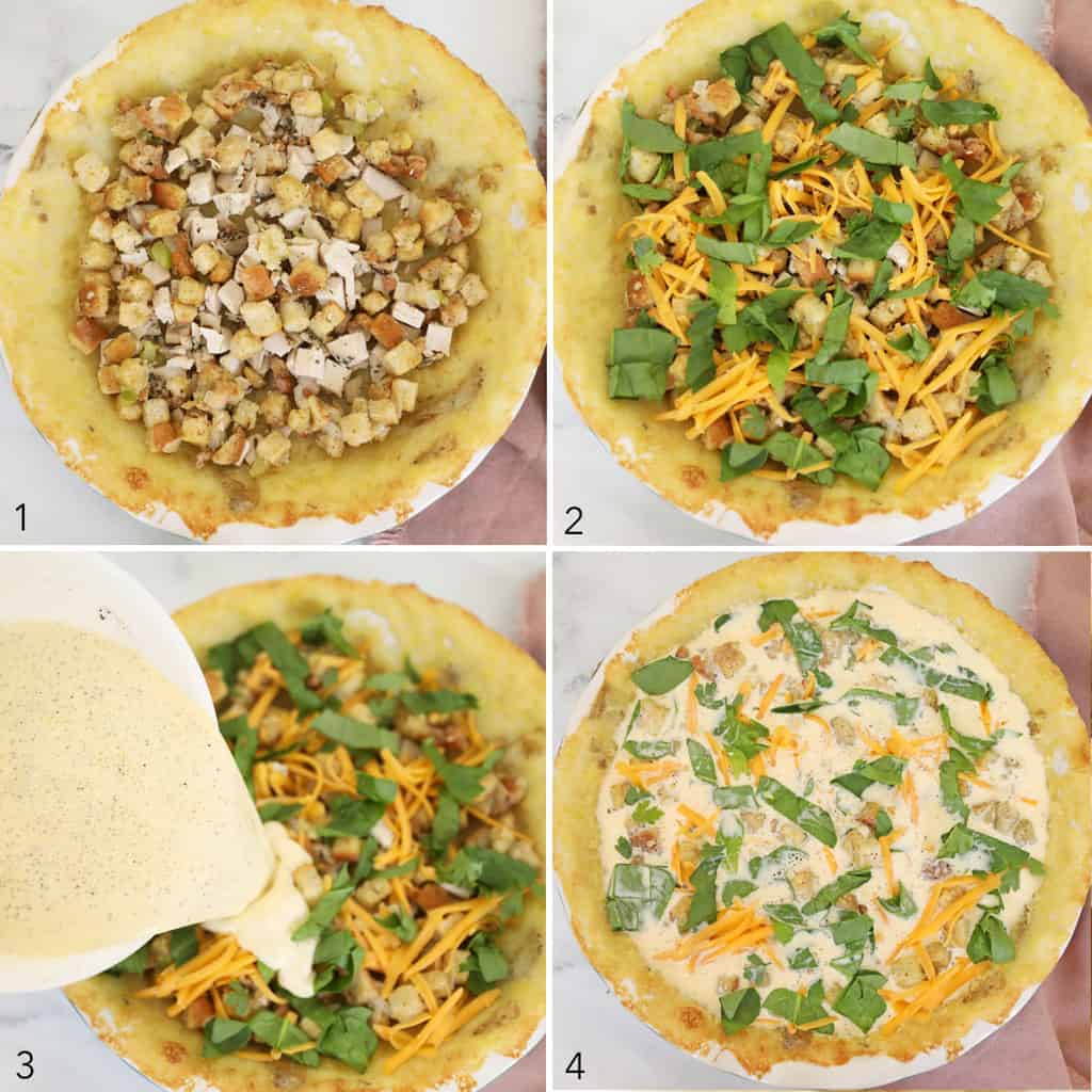 Collage of steps to make a thanksgiving leftovers turkey quiche: turkey and stuffing, cheese and spinach, eggs and cream being added to a mashed potato crust in a pie plate.