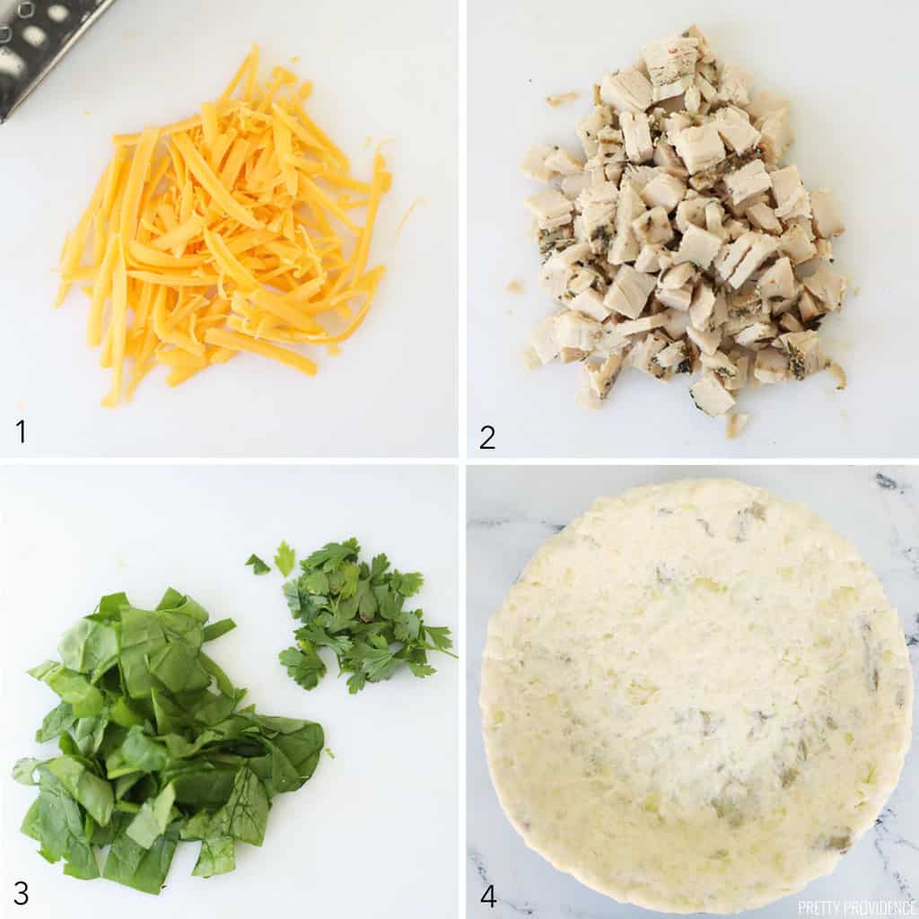 collage of quiche ingredients: shredded cheese, chopped turkey, chopped spinach and parsley, and a mashed potato crust in a pie plate