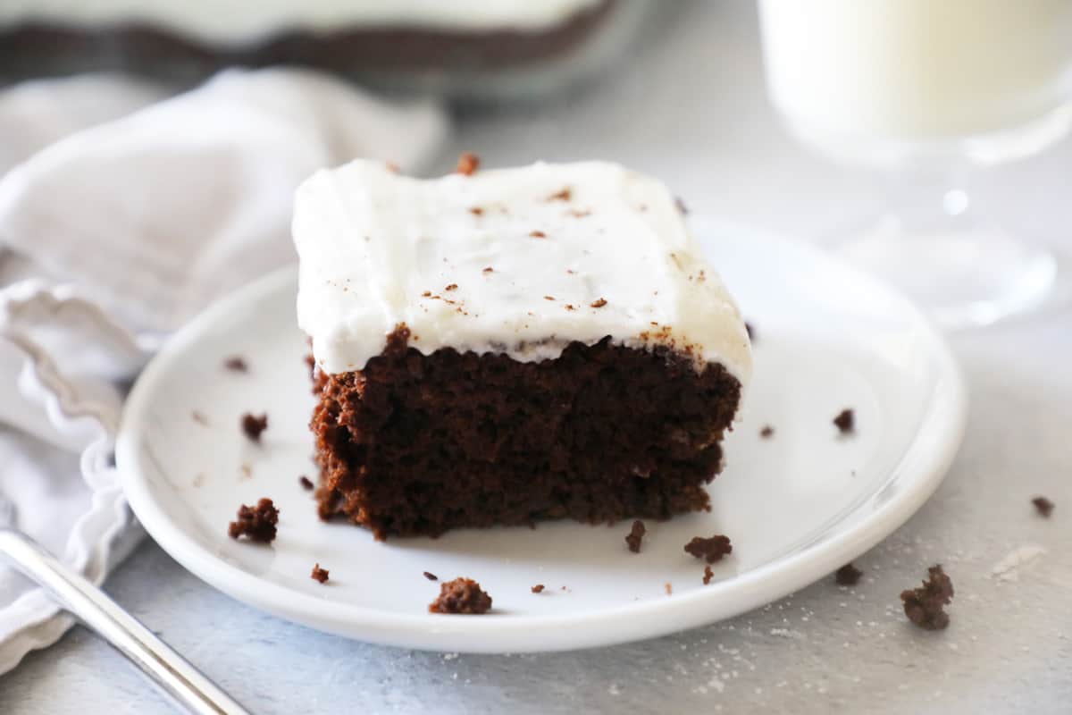 chocolate cake on a small white plate next to milk and a fork