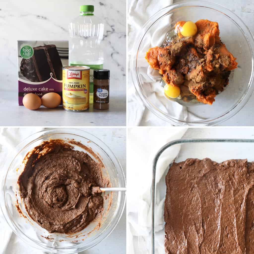 step by step photo collage of how to make chocolate pumpkin cake