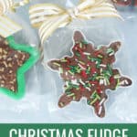 Christmas fudge neighbor gift in a cookie cutter with clear bag and gold ribbon